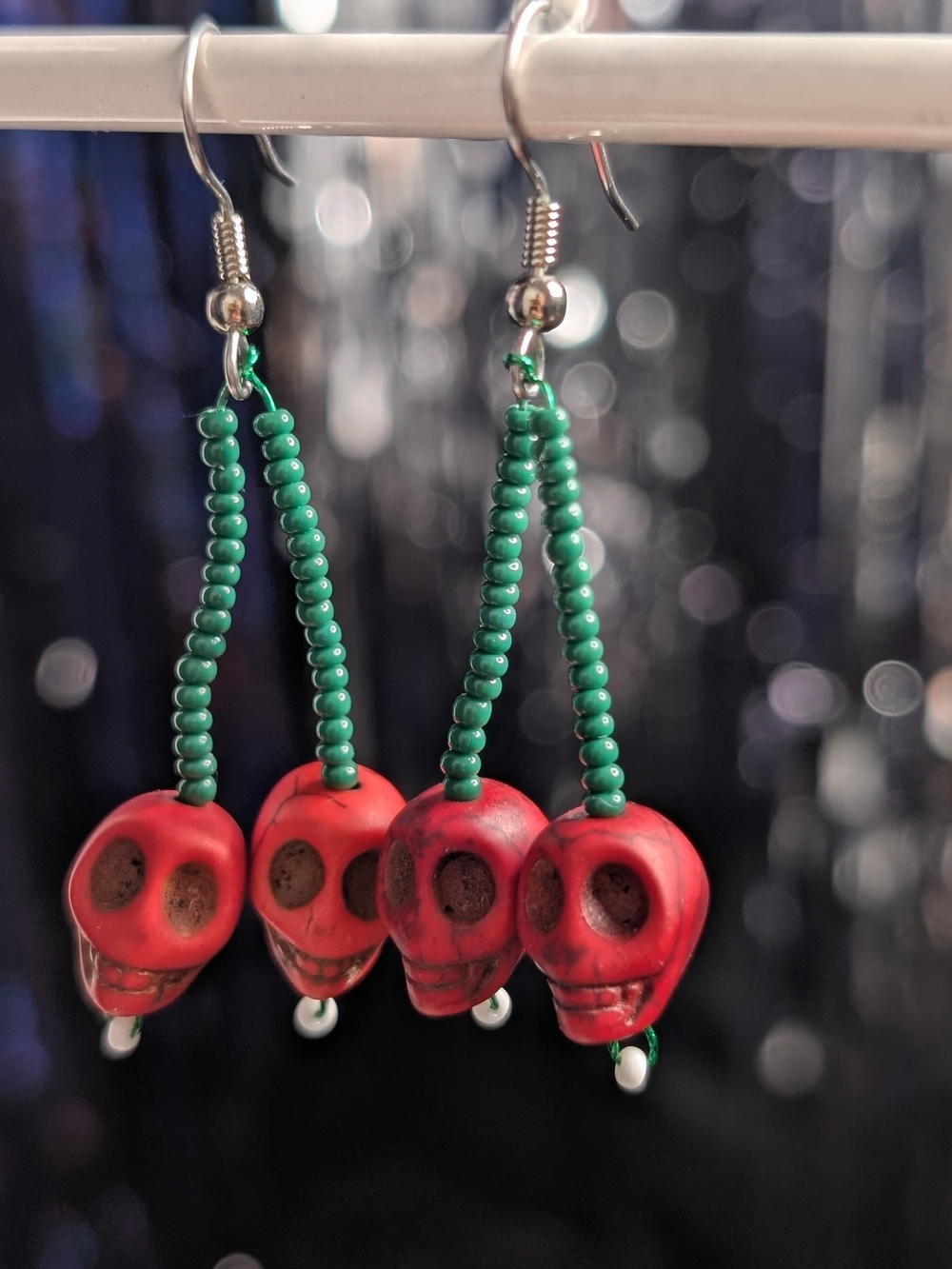 Red Skull Bead Dangle Earrings with Green Seed Bead Strand